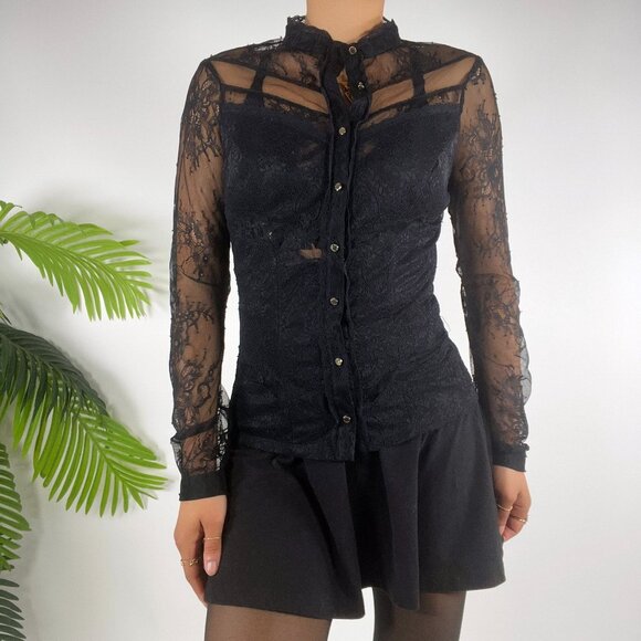 Y2K Bebe Black Sheer Lace Womens XS Long Sleeve Button-Up Whimsygoth Grunge - Picture 8 of 8